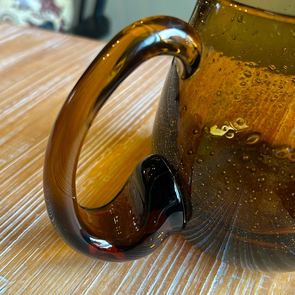 Vintage Hand Blown Amber Glass Mug Large Handle Smooth Pontil Heavy - Picture 6 of 13